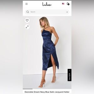 Lulu’s Desirable Dream Navy Blue Satin Jacquard Halter Neck Midi Dress